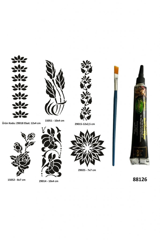 Çiçek Desenleri Siyah Hint Kınası Hediyeli Geçici Dövme Yapma Seti
