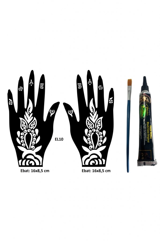 Tomurcuk Desenler El Üstü Dövme Seti 2 Adet Kına Kalıbı Siyah Kına Ve Fırça Hediyeli