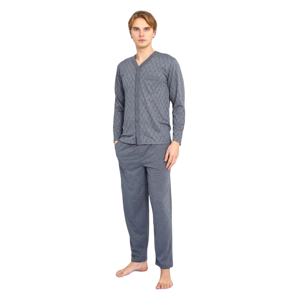 Kly Jakarlı Penye Önden Düğmeli Gömlek Erkek Pijama Takım