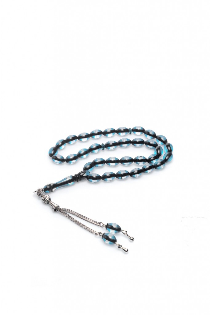 Çift Renkli Parlament Mavisi Sürmeli Kehribar Tesbih Metal Püsküllü Misbah Misbaha Rosary Zikr