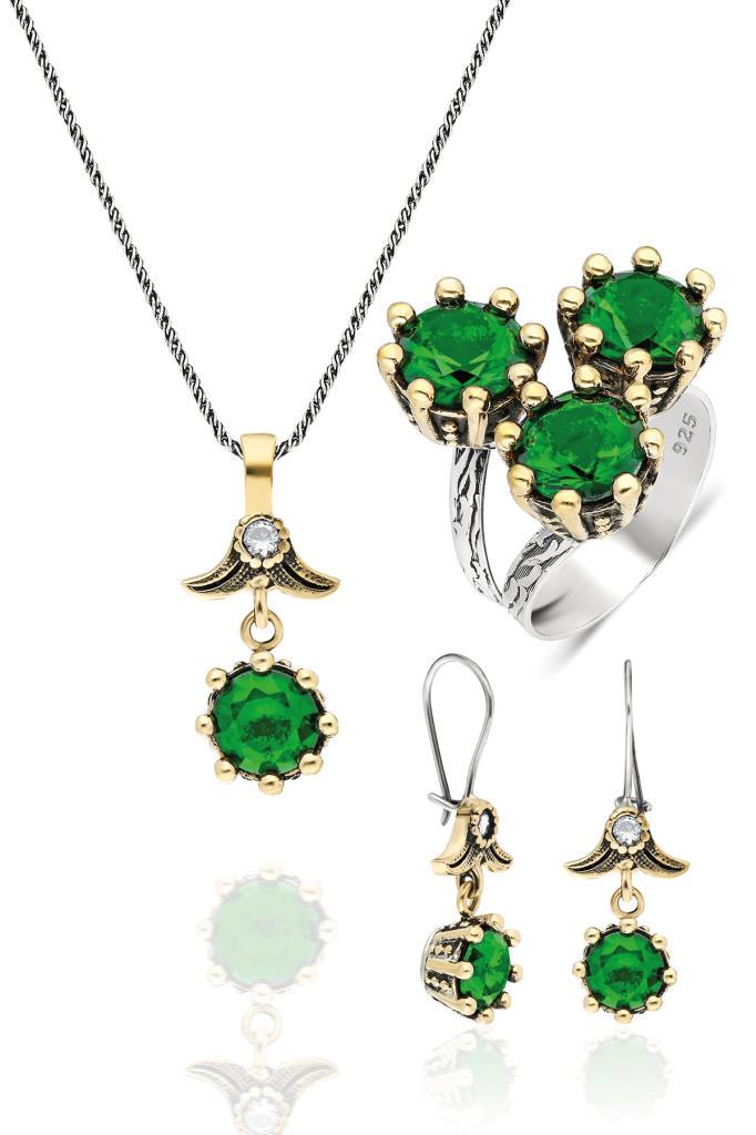Söğütlü Serisi Açık Yeşil Yeşim Taşlı Otantik Gümüş Üçlü Set Takı