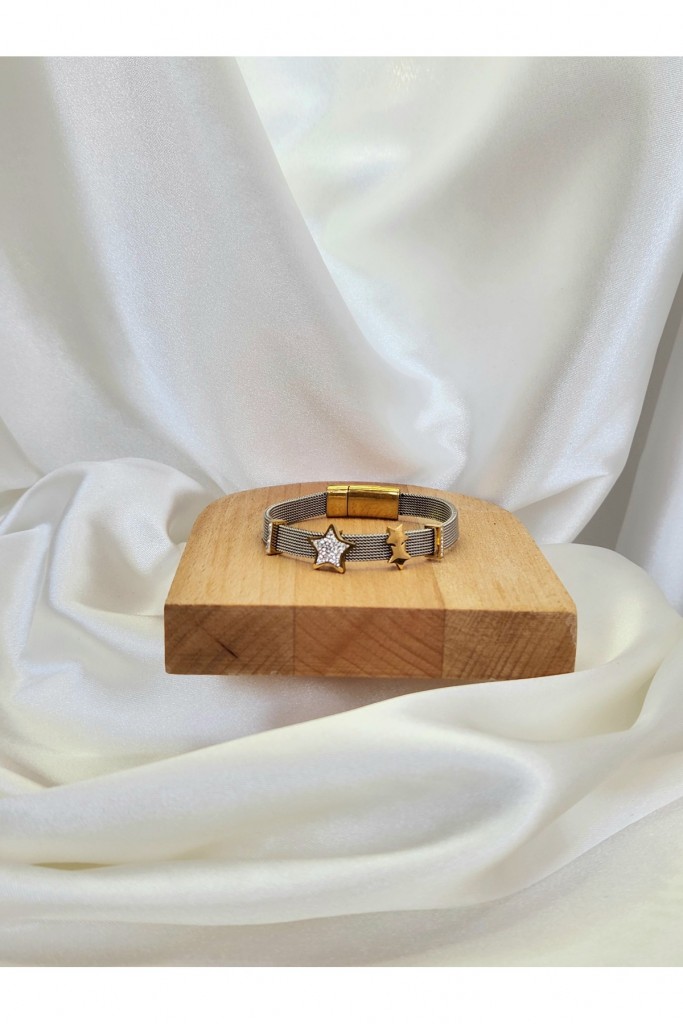 Eva Takı Hasır Pandora Model Yıldız Model Çelik Kelepçe Altın Kaplama Bileklik