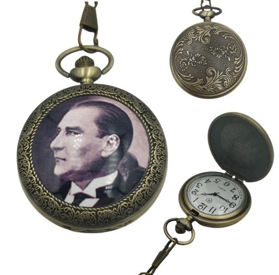 Atatürk Portreli Klasik Köstekli Markiz Cep Saati Kemer Zincirli