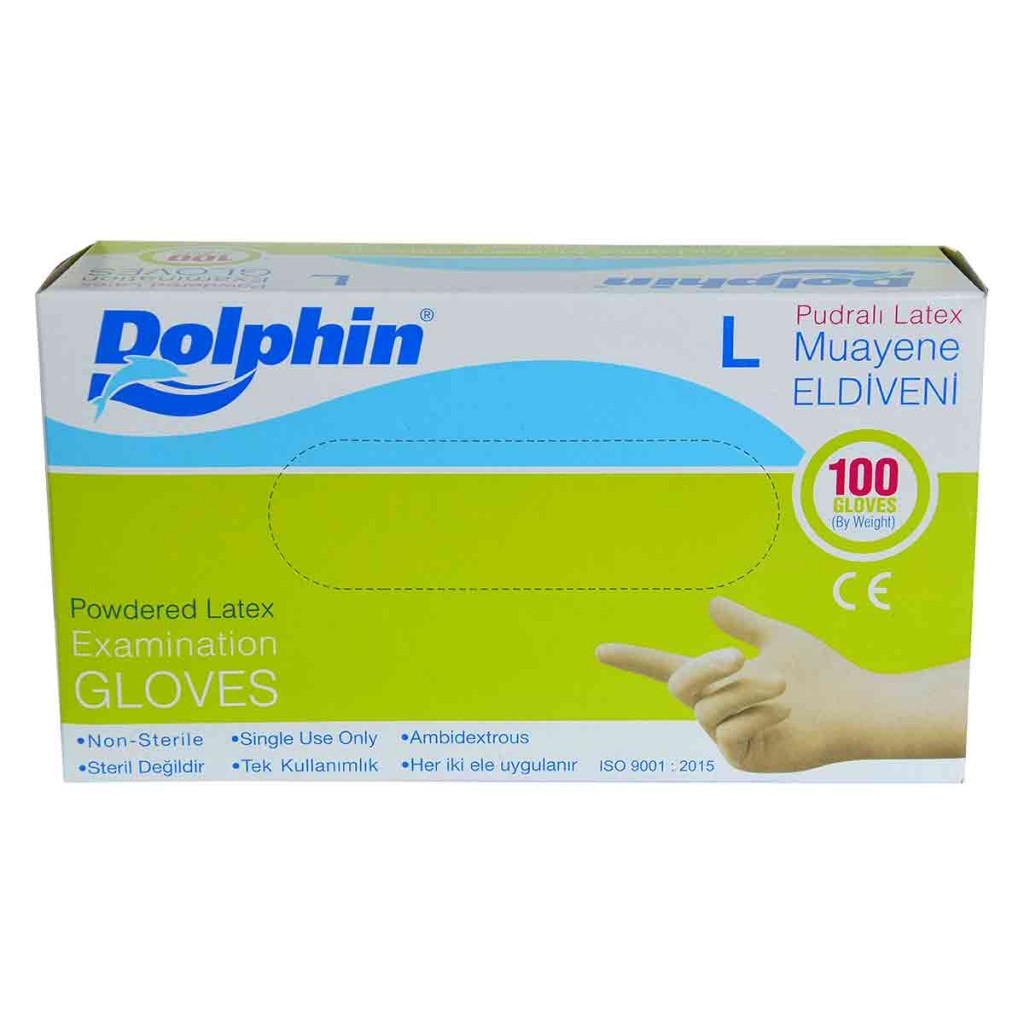 Dolphin Pudralı Beyaz Latex Eldiven Büyük Boy (L) 100 Lü Paket