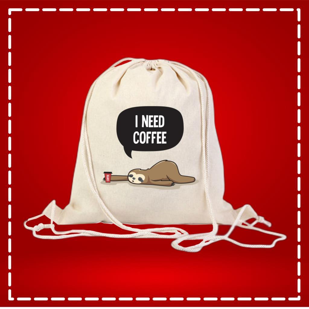 I Need Coffee Tasarımlı Büzgülü Bez Çanta