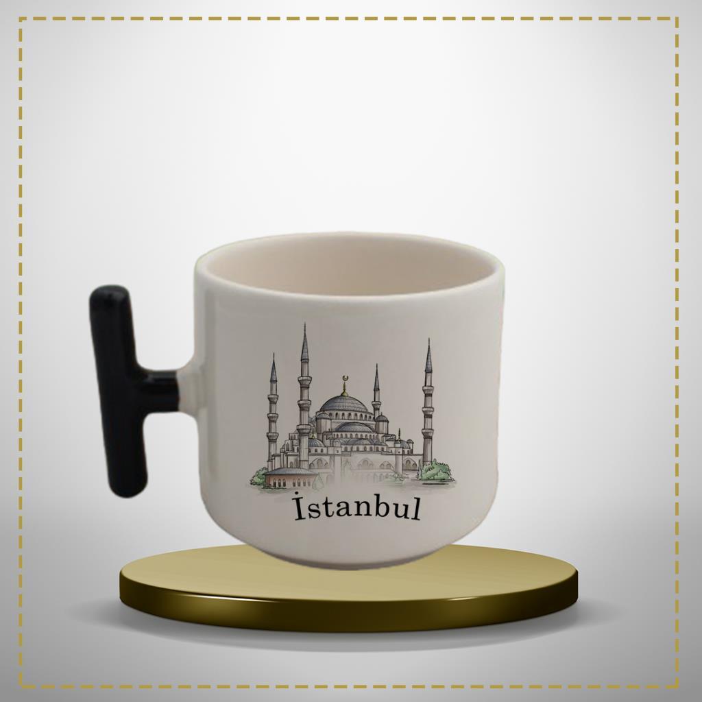 İstanbul  Sultanahmet Yazılı T Siyah Kulplu Kupa Bardak Kişiye Özel Hediye