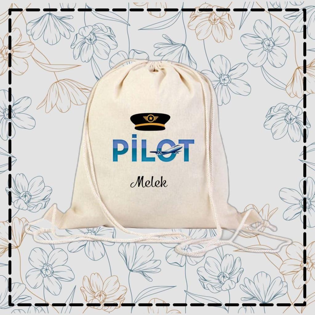Pilot Melek Tasarımlı Büzgülü Bez Çanta