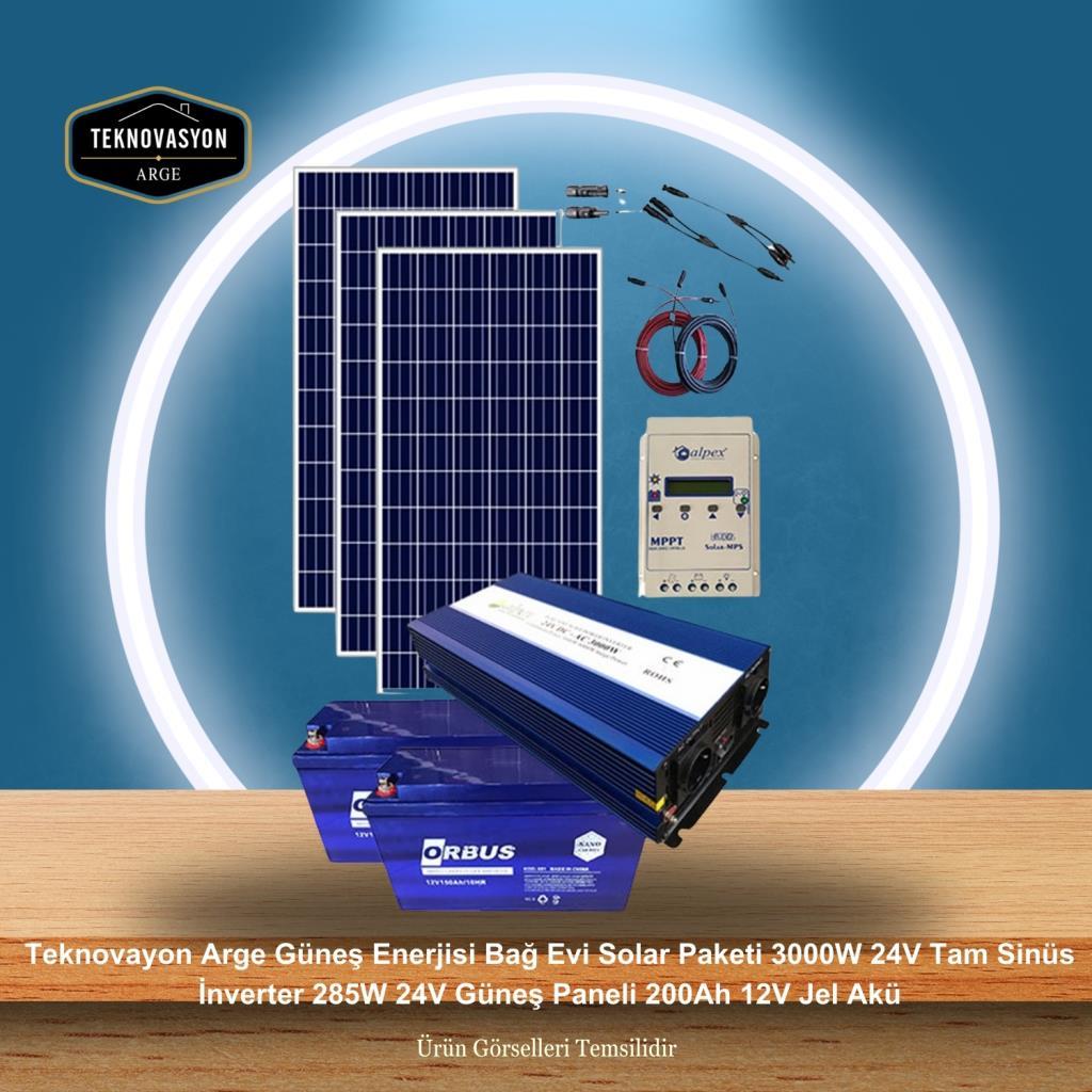 Teknovayon Arge Güneş Enerjisi Bağ Evi Solar Paketi 3000W 24V Tam Sinüs İnverter 285W 24V Güneş Paneli 200Ah 12V Jel Akü