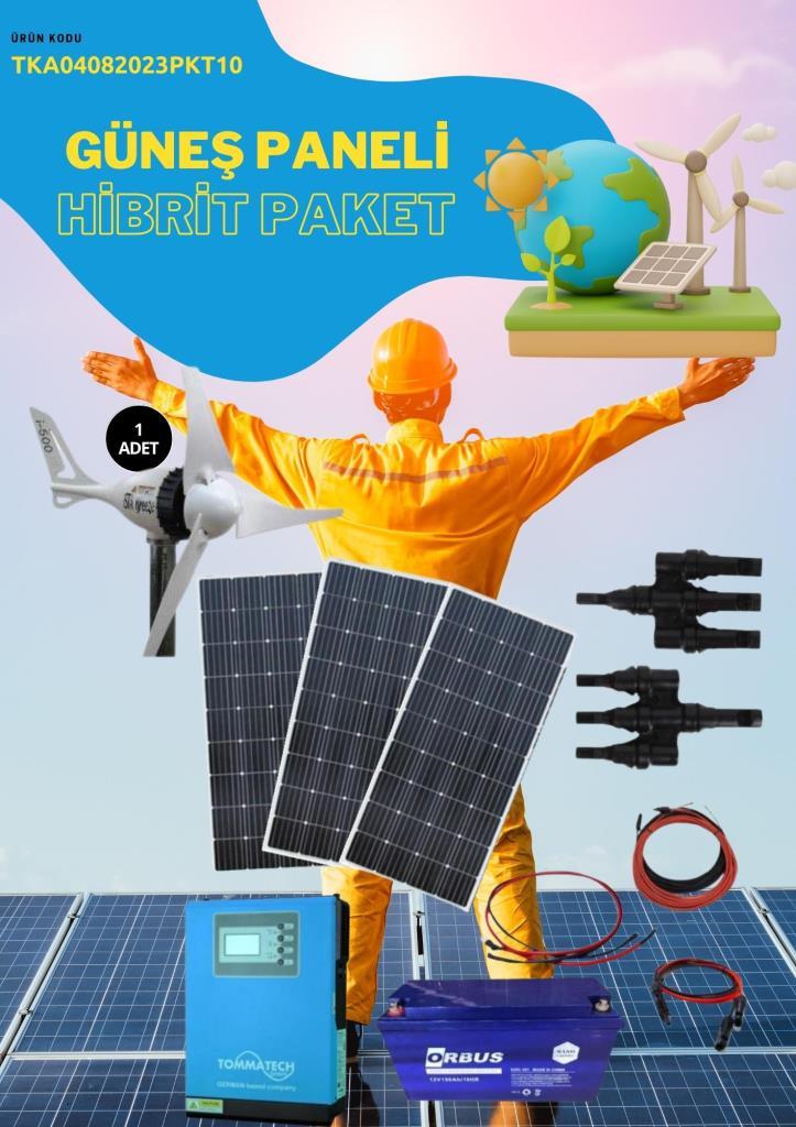 Güneş Enerjisi  Hibrit Paket 1 Kva Tam Sinüs İnverter 205 Watt Güneş Paneli 150 Amper Jel Akü I-500 Watt 12V/24Volt Rüzgar Türbini + Hibrit Şarj Kontrol Cihazı