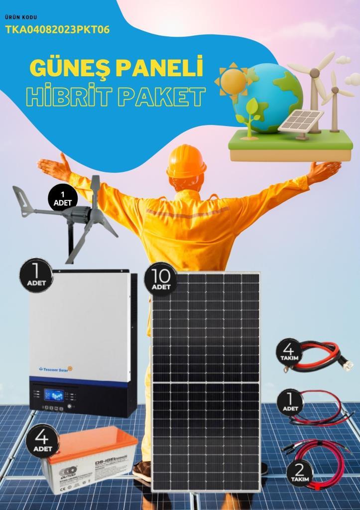 Güneş Enerjisi Hibrit Paket 5Kva Mppt İnverter 455 Watt Güneş Paneli 200 Amper Jel Akü  İ-2000W 48V Rüzgar Türbini + Hibrit Şarj Kontrol