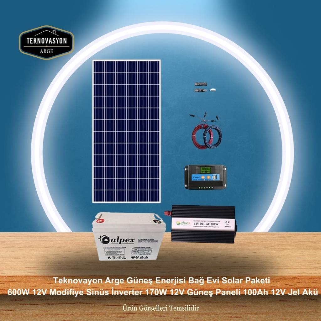 Teknovayon Arge Güneş Enerjisi Bağ Evi Solar Paketi 1000W 12V Tam Sinüs İnverter 170W 12V Güneş Paneli 100Ah 12V Jel Akü