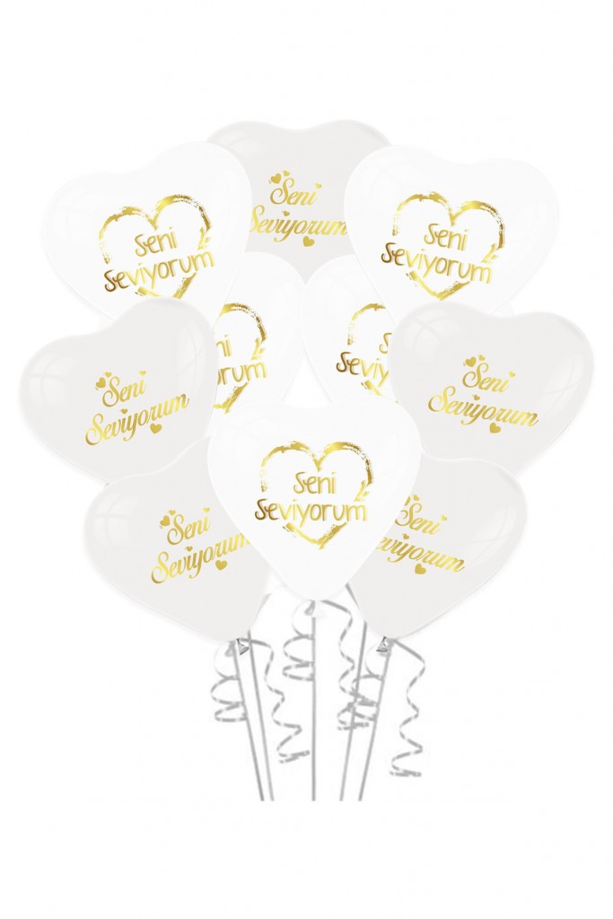 Balon 10'Lu Beyaz Kalp Seni̇ Sevi̇yorum Gold Baskili