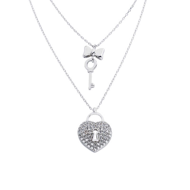 Çift Zincirli Kalbin Anahtarı Gümüş Kolye Gms1705