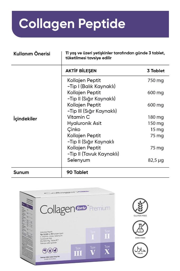 Collagen Forte Premium 5 Tip Kolajen, Hyalüronik Asit, Çinko, Selenyum & Vitamin C, 90 Tablet